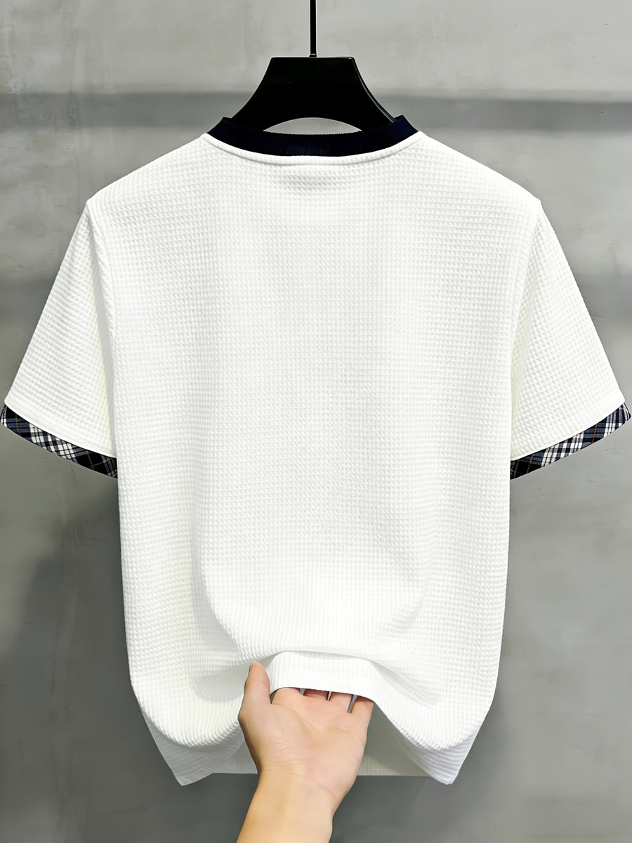 The [Pearson OBM] Men'S Short-Sleeve Golf Knit Shirt for Spring And Summer Features a Luxurious V-Neck Polo Design. Made from a Heavy Waffle Texture Fabric with Stylish Striped Color-Blocking And a Double-Layer Collar - ho white