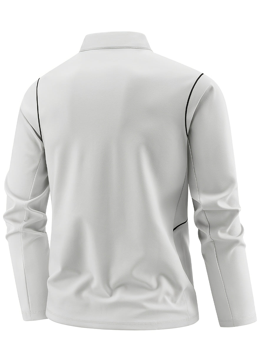 Single Pc Men'S Multi-Color Elastic Sports Fabric Long Sleeve Shirt, Half-Zipper Stand Collar, Contrast Line Decoration, Drop Shoulder Structure, Easy Techwear Style, Spring/Autumn Fit Waist-Cinching Shape - Cloud Frost White