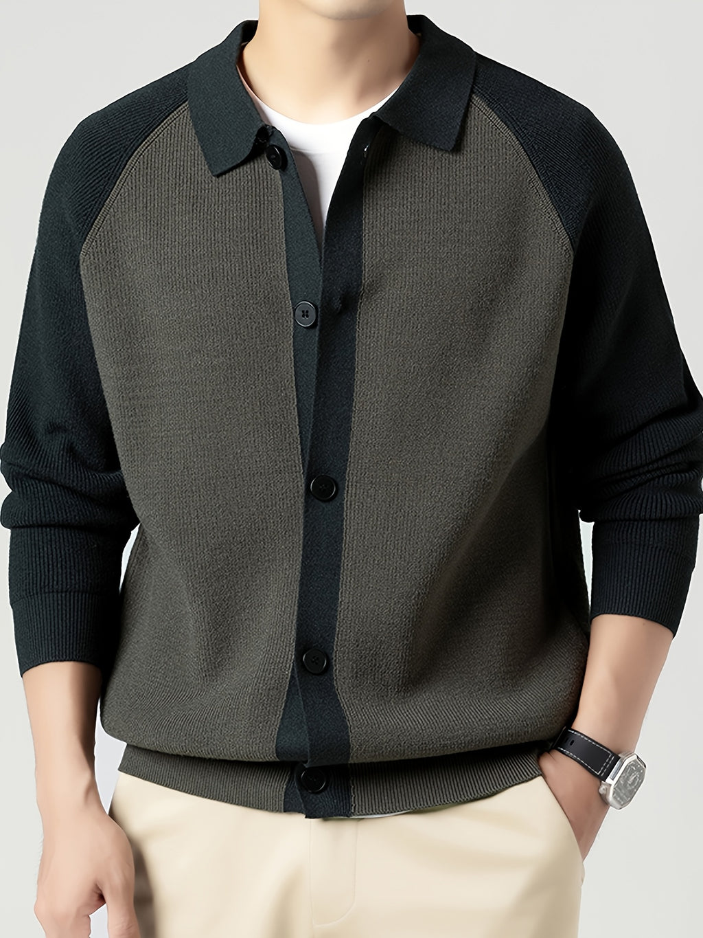 New High-Quality Knitted Cardigan with Lapel, Loose Fit, Fashionable Casual Color Block Men'S Fashion Handsome Autumn And Winter Velvet Blend Top Men'S Clothing - Dark Green