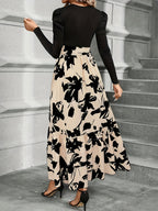 Spring And Autumn Style Women'S Floral Print Puff Sleeve Tie-String Long Sleeve Dress - Black