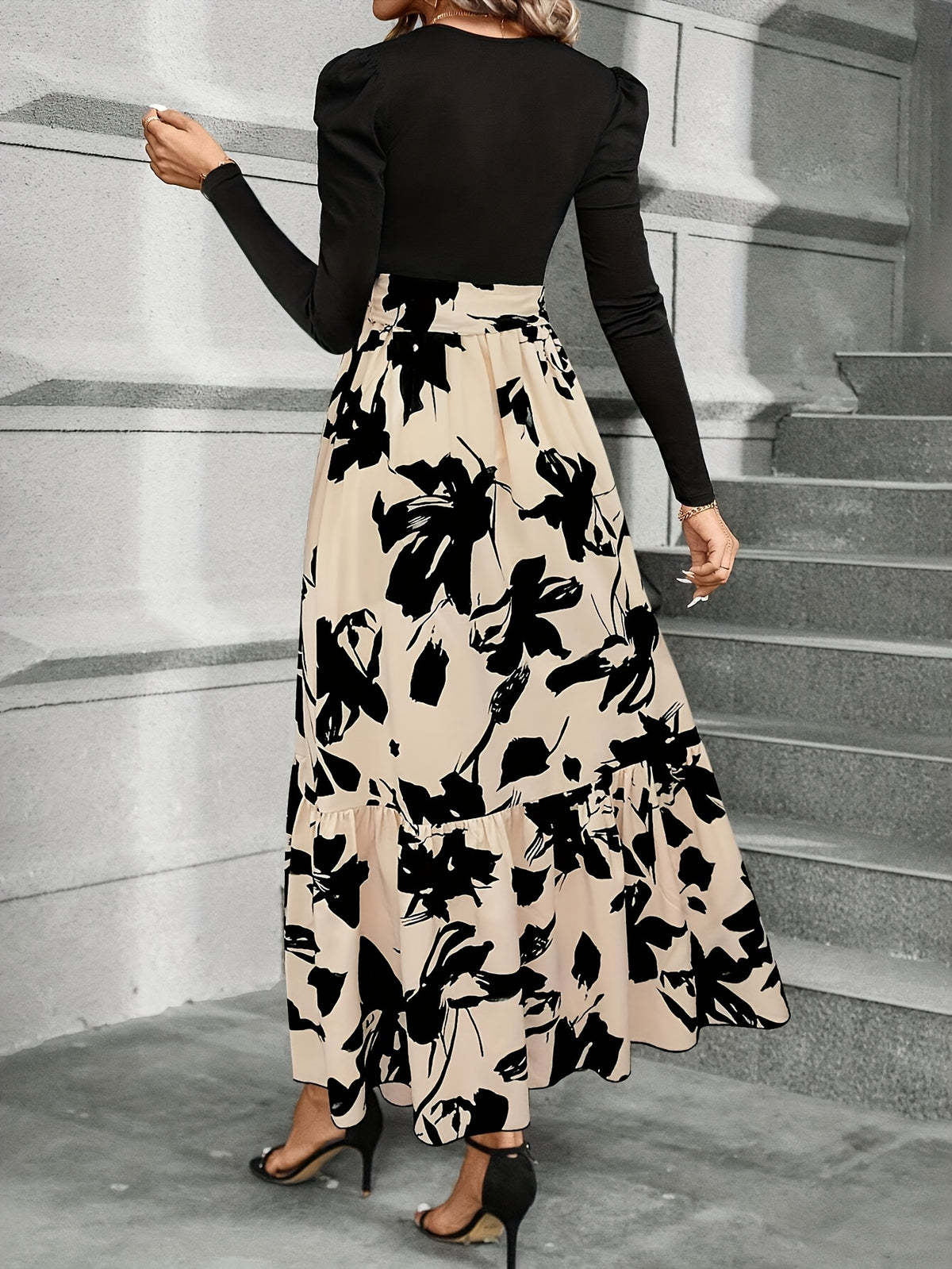 Spring And Autumn Style Women'S Floral Print Puff Sleeve Tie-String Long Sleeve Dress - Black
