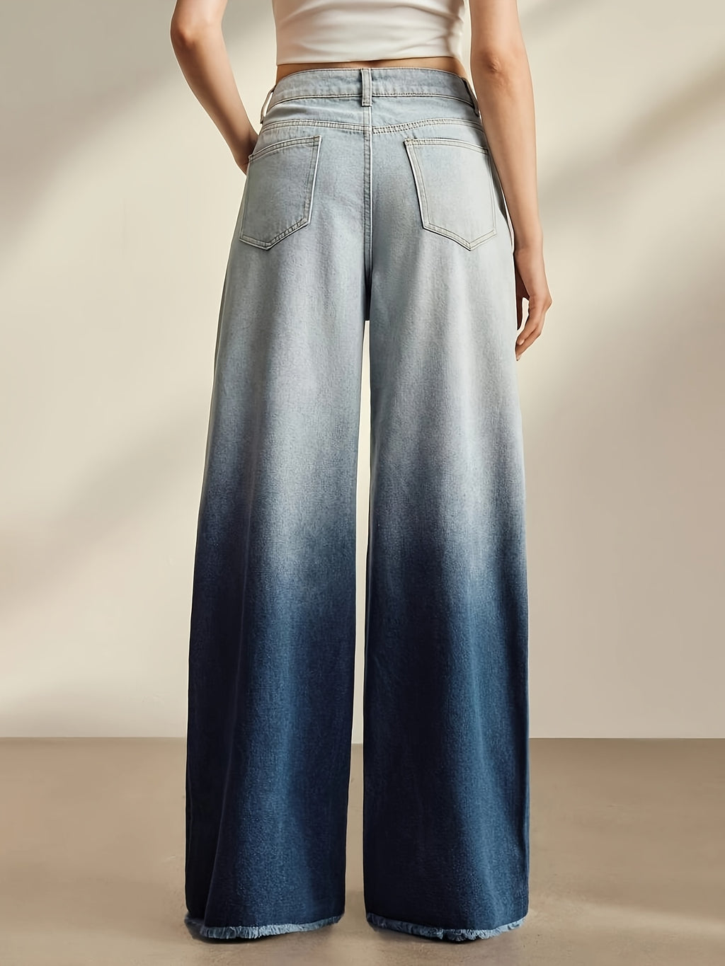 Women'S Jeans, Versatile Retro Blue Wide-Leg Pants with Ombre Effect - Blue