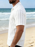 Men's Jacquard Textured Stripe Patchwork Short-Sleeve Shirt, Beach Casual Vacation Shirt, Men's Short-Sleeve Shirt - White