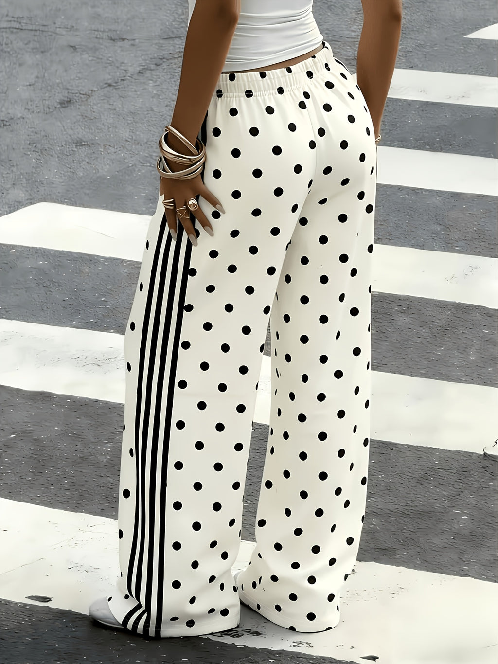 Women's New Fashion Black and White Polka Dot Side Stripe Wide-leg Pants, High-waisted,, Versatile, Straight-leg Trousers, New Style Long Pants Suitable for Outdoor Wear - Mixed colors