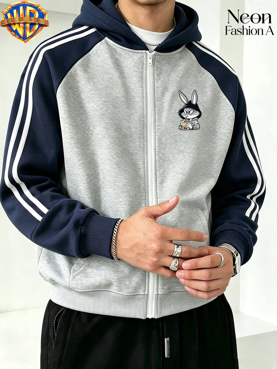 Warner Bros. Official License, Men'S Autumn/Winter Street Style Hooded Sweatshirt Jacket, Casual Rabbit And Rabbit Happiness Is Free American Cartoon Print, Color-Block Striped Long Sleeve with Zipper And Pockets, Loose Fit, Machine Washable - Navy Blue And Gray