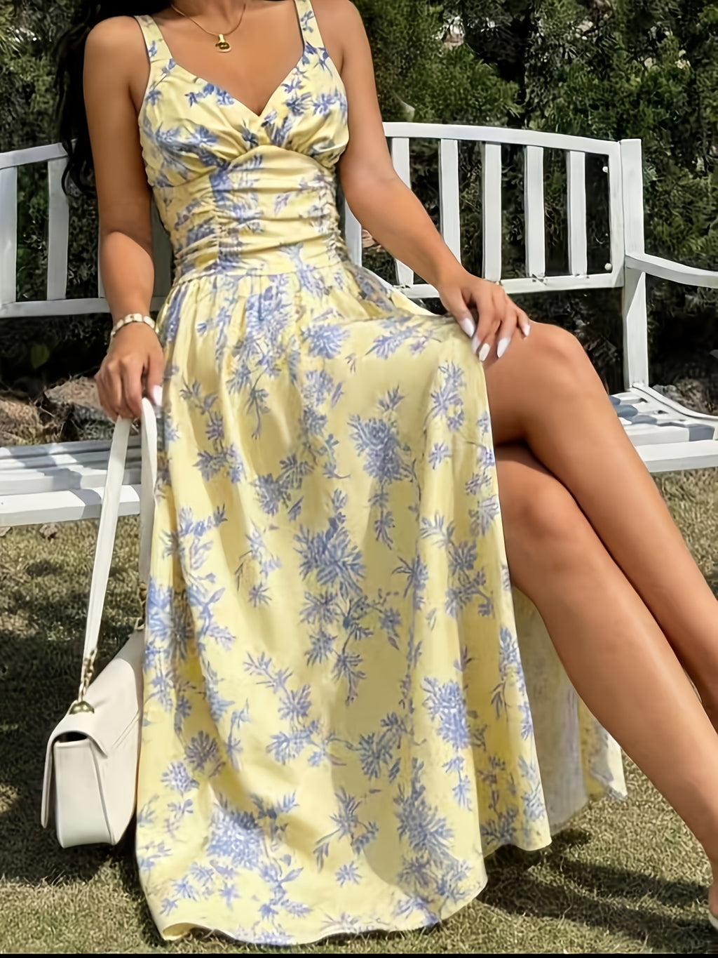 Trendy Women'S Floral Pastoral Style Core Holiday Tea Party Dress, Niche Design, Cinched Waist, Flared Hem Elegant Mid-Length Dress - Yellow