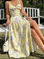 Trendy Women'S Floral Pastoral Style Core Holiday Tea Party Dress, Niche Design, Cinched Waist, Flared Hem Elegant Mid-Length Dress - Yellow