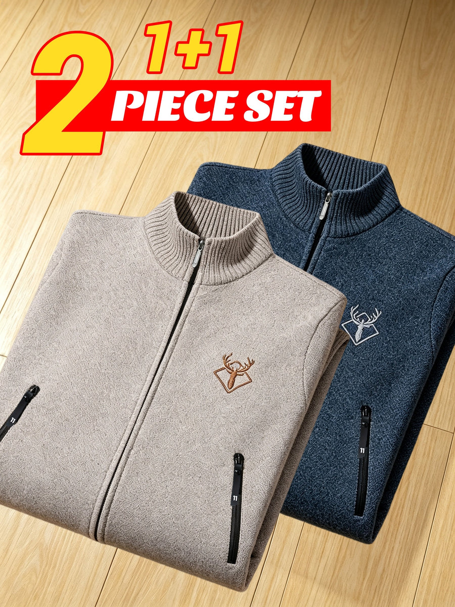 2pcs, Men'S Autumn Winter Knit Cardigan Stand Collar Full Zip, Plush Lining, Long Sleeve Sweater, Fleece Lined And Thickened, with Pockets, Suitable for Casual, Home, Business, Hiking, Outdoor, Fashionable All-Match Autumn Winter Sweater Jacket - Off-white + Blue