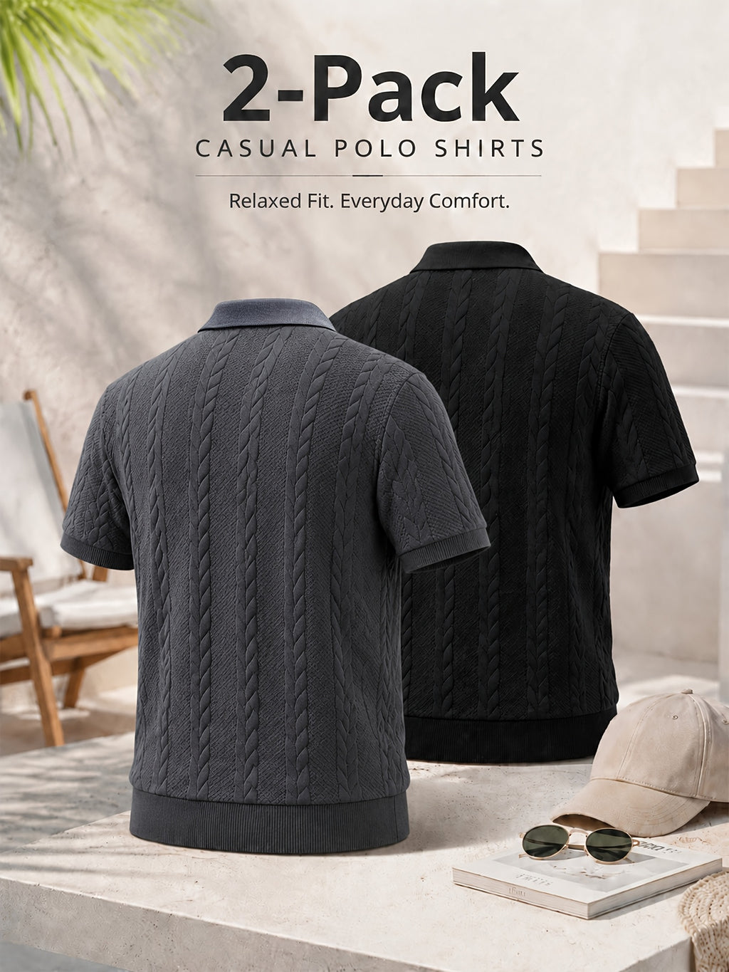2pcs Men's Summer Jacquard Ribbed Lapel Loose Fit T-Shirt Golf Casual Business Versatile Knit Short Sleeve Polo Shirt - Dark Grey+Black