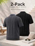 2pcs Men's Summer Jacquard Ribbed Lapel Loose Fit T-Shirt Golf Casual Business Versatile Knit Short Sleeve Polo Shirt - Dark Grey+Black
