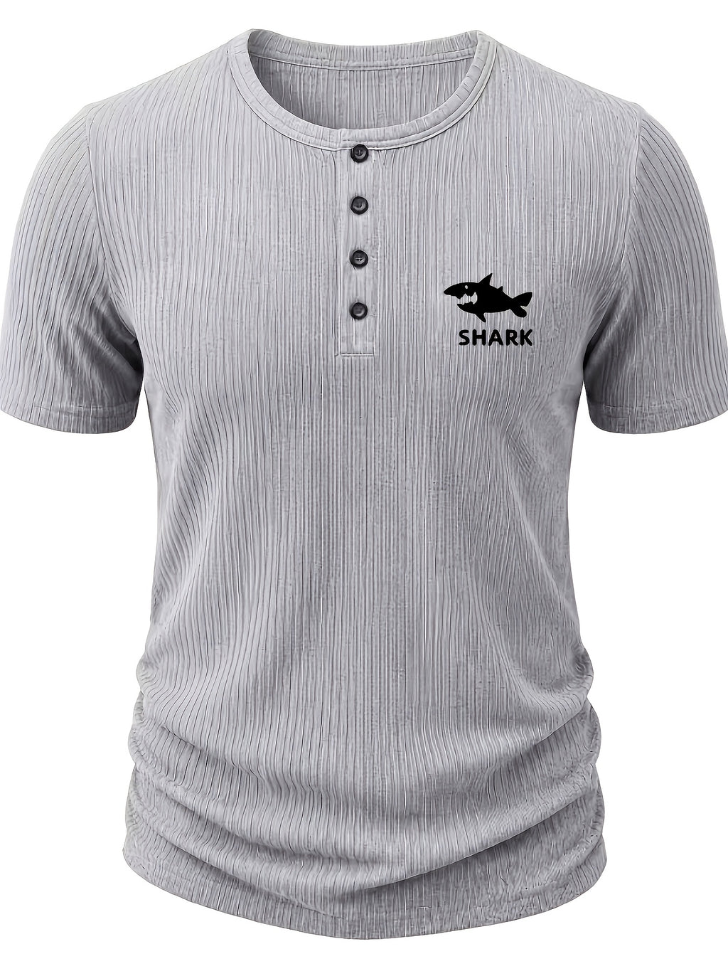 Men'S Ribbed Texture Henley Short Sleeve, All-Over Print Summer Slim Fit Casual T-Shirt - Gray 10