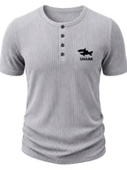Men'S Ribbed Texture Henley Short Sleeve, All-Over Print Summer Slim Fit Casual T-Shirt - Gray 10