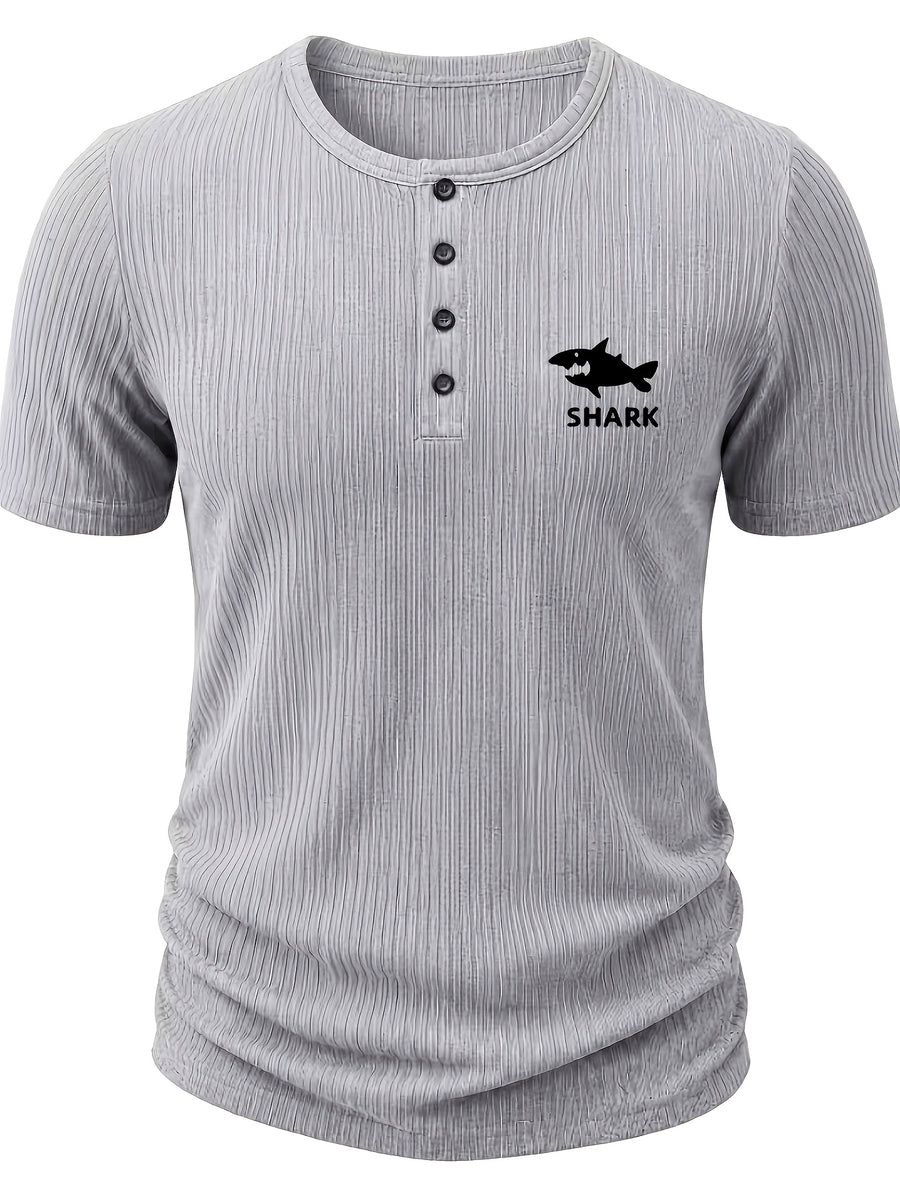 Men'S Ribbed Texture Henley Short Sleeve, All-Over Print Summer Slim Fit Casual T-Shirt - Gray 10