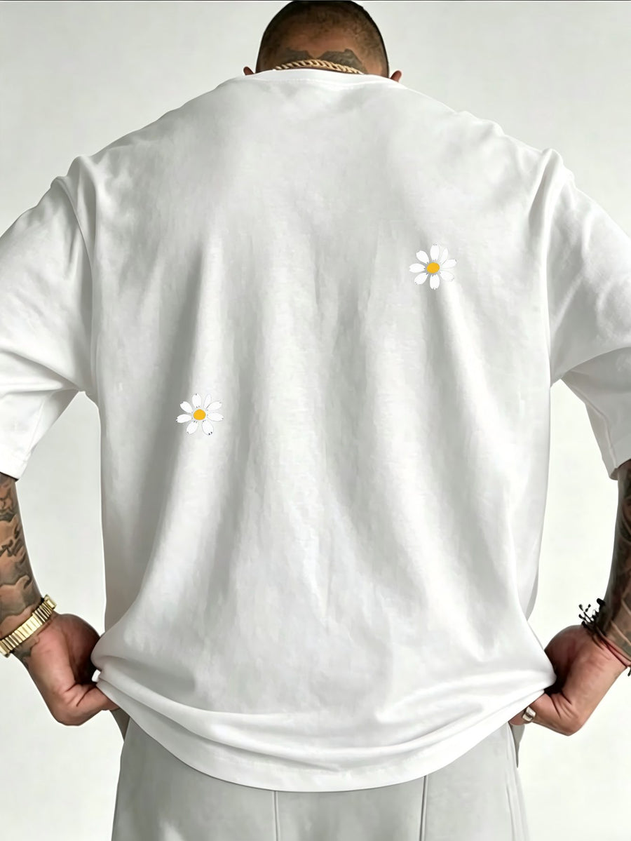 Men'S T-Shirt, Loose Fit Design with Small Daisy Patterns on Back, Easy Fresh Style for Casual Wear, Short Sleeve And Breathable, Ideal for Spring And Summer, Minimalist Aesthetic - White