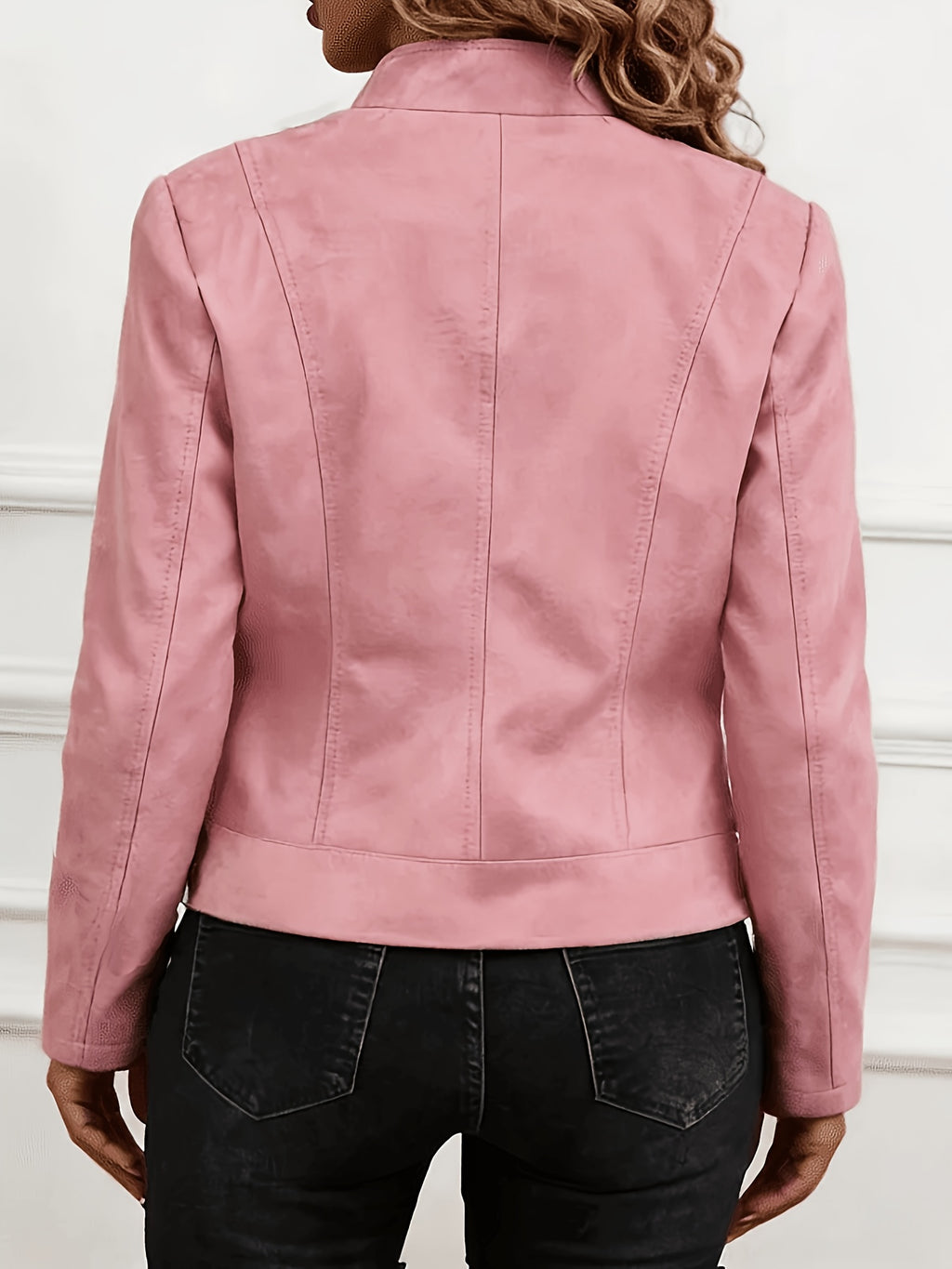 Plus Size Women'S Elegant Jacket - Soft Stretch Fabric, Metallic Zipper Design Spring/Autumn Outerwear - Pink Color