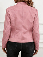 Plus Size Women'S Elegant Jacket - Soft Stretch Fabric, Metallic Zipper Design Spring/Autumn Outerwear - Pink Color