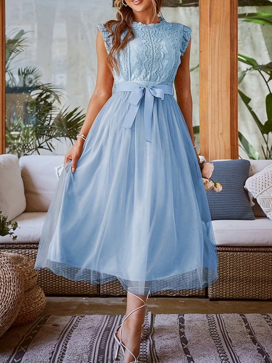 Women's Spring-Summer New Contrast Lace Mesh Spliced Long Sleeveless Elegant Dress - Sky Blue