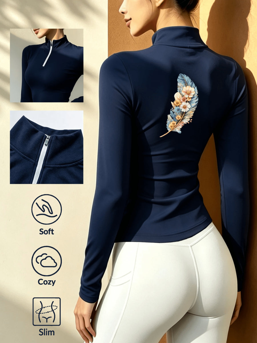 Women'S Soft Elastic High-Neck Printed Fitted Top, Thickened Warm Long Sleeve, Autumn/Winter Casual Layering T-Shirt - Royal Blue