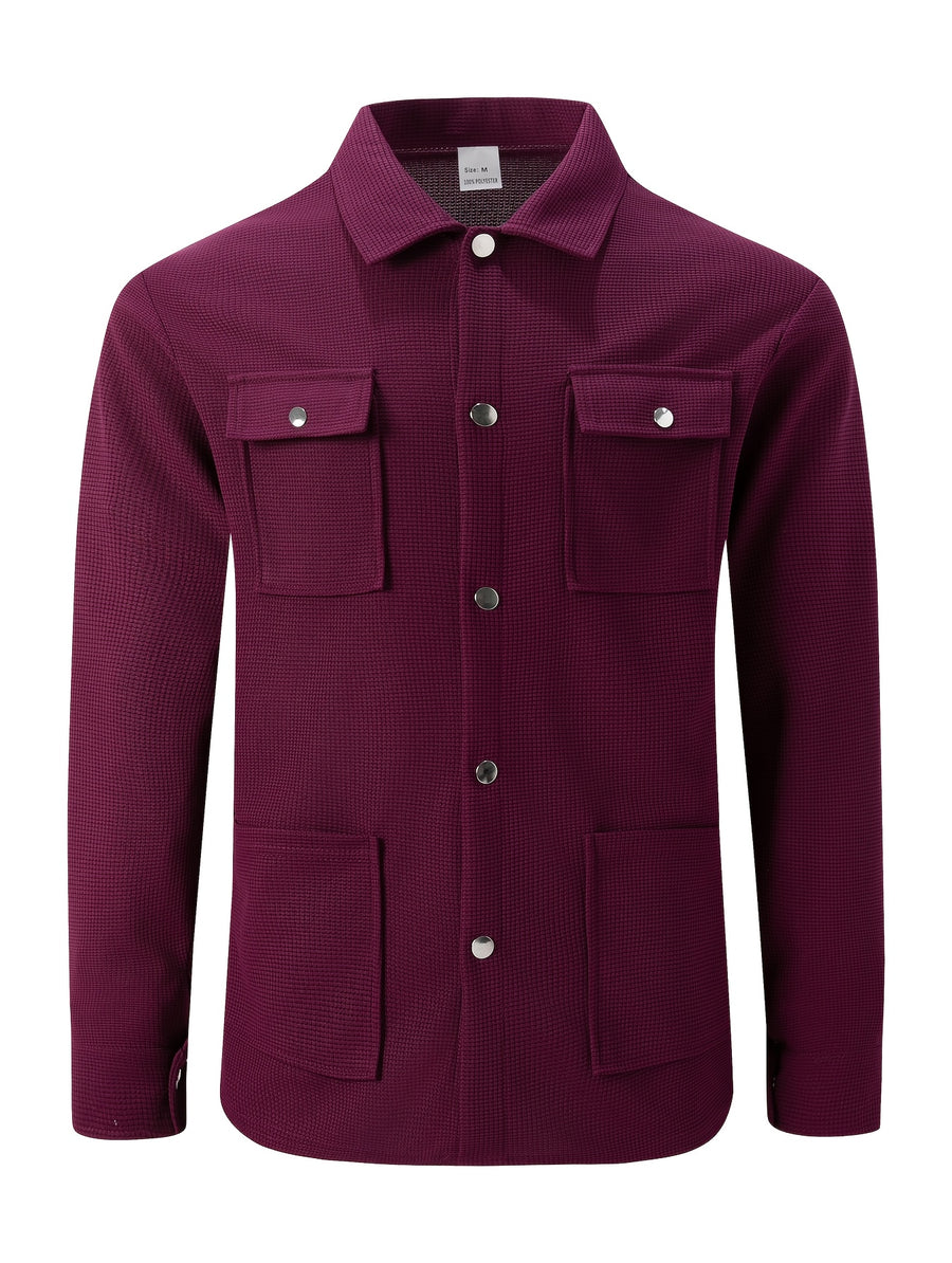 Mens Textured Waffle Shacket Collar Button Front Multi Pocket Long Sleeve Outerwear Top - Burgundy