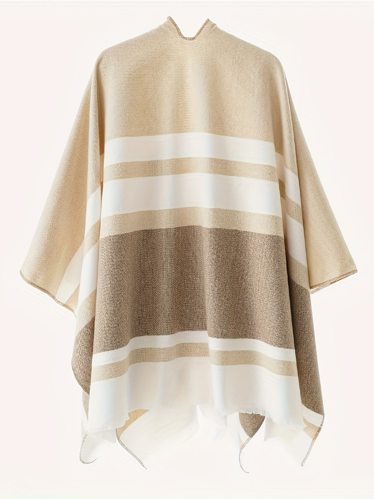 Women's Fashion Classic Striped Color Block Pattern Autumn and Winter Windproof Buttoned Travel Wrap Coat - Khaki