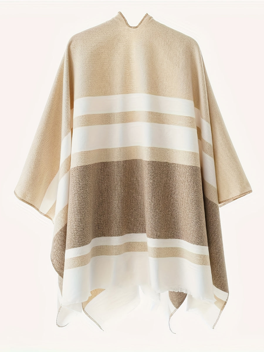 Women's Fashion Classic Striped Color Block Pattern Autumn and Winter Windproof Buttoned Travel Wrap Coat - Khaki