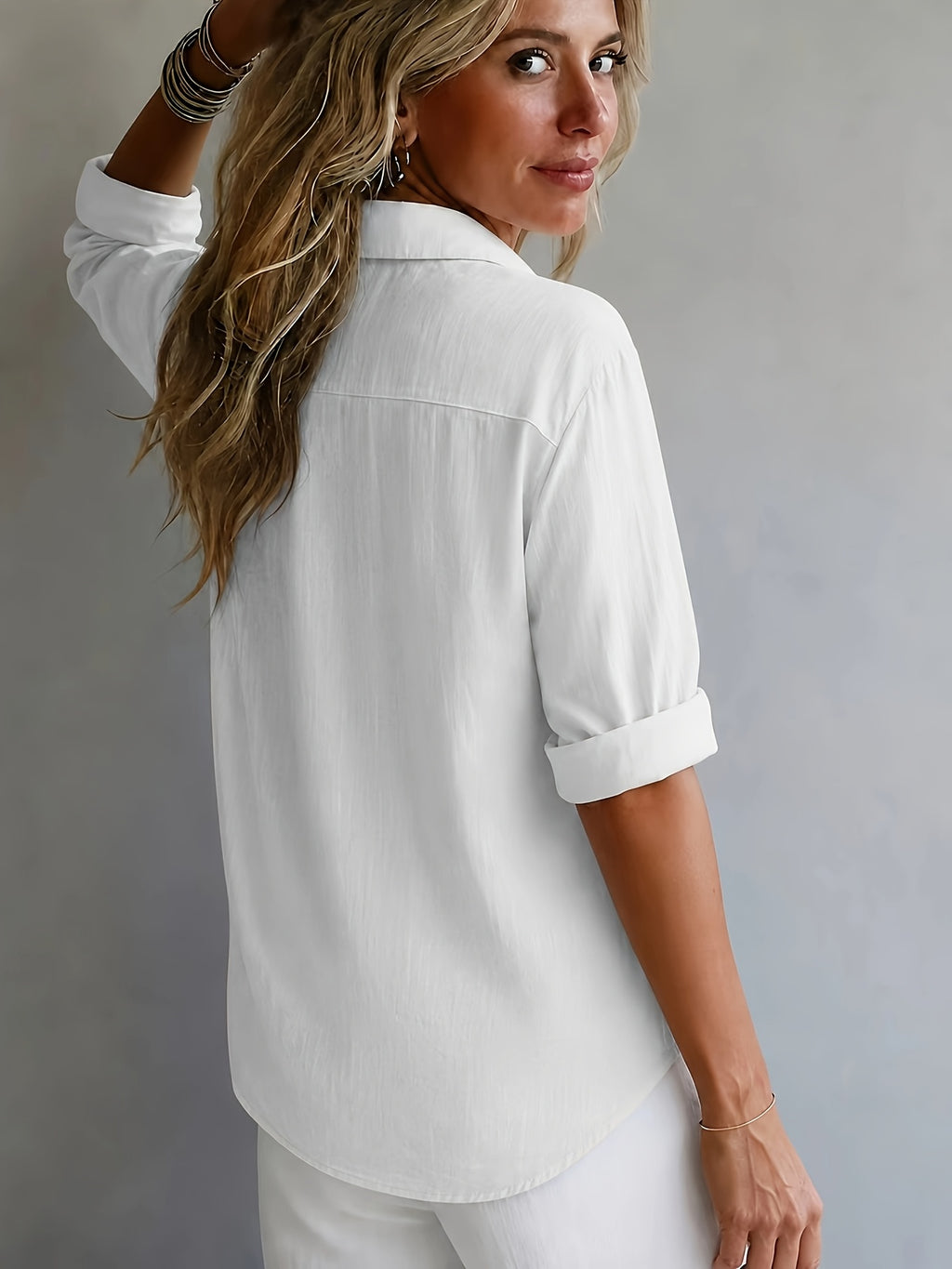 Multi-Color Available Taxi Direction New Stunning Elegant Style Solid Color POIO Collar Long Sleeve Spring Autumn All-Season Versatile Shirt - White
