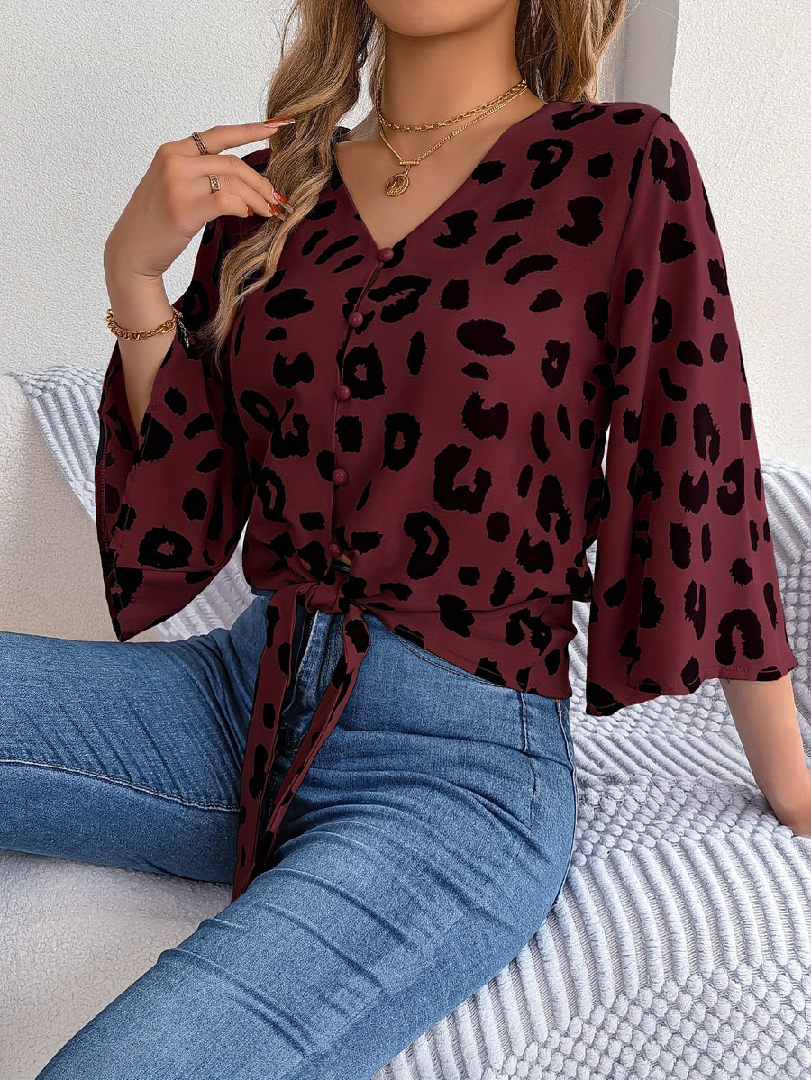 Spring and Summer Vacation Leopard Print Mid-Sleeve Tie-Bow Top - Burgundy