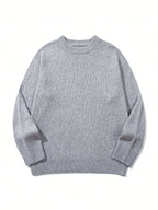 Solid Color Minimalist College Style Autumn/Winter Men's Basic Crew Neck Pullover Simple Base Layer Top for Outerwear, Casual Loose Fabric Top - Grey