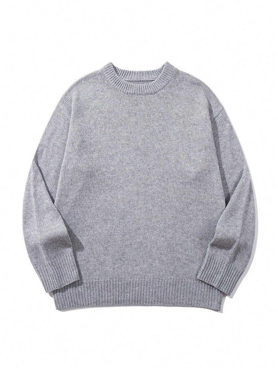 Solid Color Minimalist College Style Autumn/Winter Men's Basic Crew Neck Pullover Simple Base Layer Top for Outerwear, Casual Loose Fabric Top - Grey