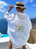 Fashionable Spring/Summer Elegant French-Style Loose Fit Casual Women's Long Sleeve Shirt with Eyelet Detail at the Back - White