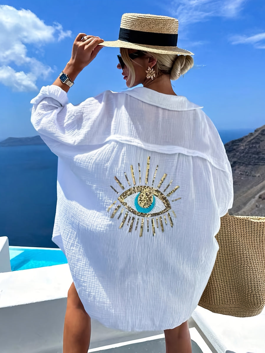 Fashionable Spring/Summer Elegant French-Style Loose Fit Casual Women's Long Sleeve Shirt with Eyelet Detail at the Back - White