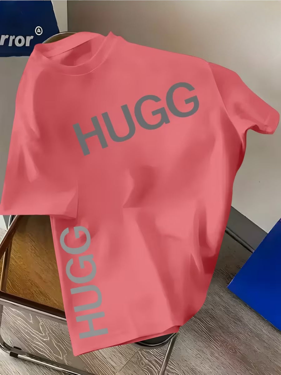 Fashionable Brand Men'S Summer Oversized Top with HUGG Letter Print, Short And Clear Style, Loose Cut, High Quality, Short Sleeve Shirt, Eye-Catching Men'S Summer Item, Suitable for Daily And Weekend Use, Fashionable Summer Outdoor Men'S Clothing - Red color
