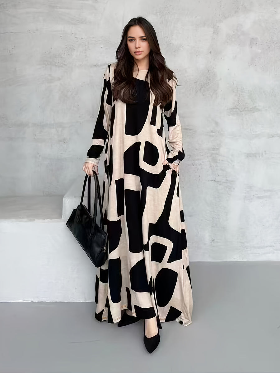 European And American Style Women'S Casual Dress Long-Sleeved Loose Fashion Color-Blocking Print Long Skirt - Mixed colors