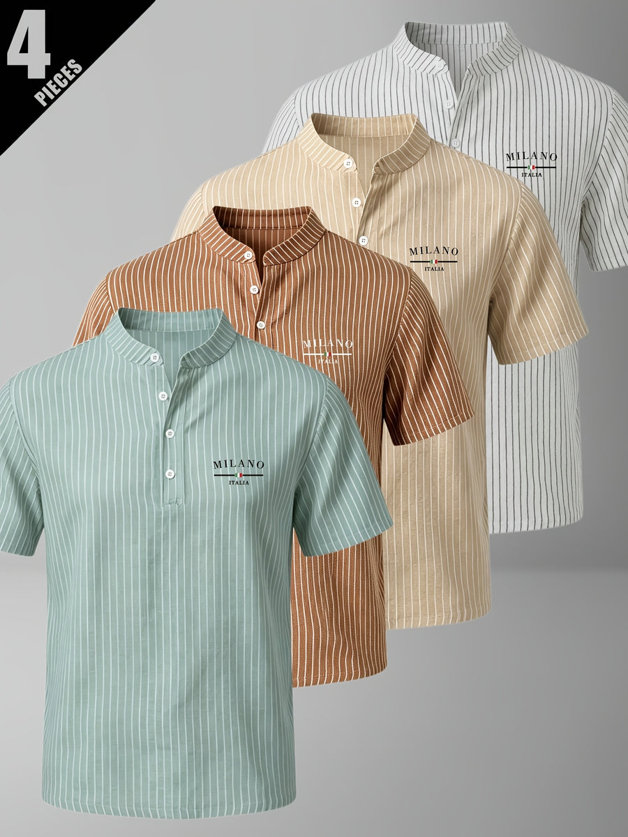 4pcs Men'S Summer Striped Linen Blend Henley Shirts, Milan Print Stand Collar Breathable Short Sleeve, Office Casual Versatile Top - Color Mixing 2