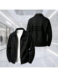 Waffle Knit Jacket, Double Pocket Design, Zip-up Jacket, Sporty Casual Style - Black
