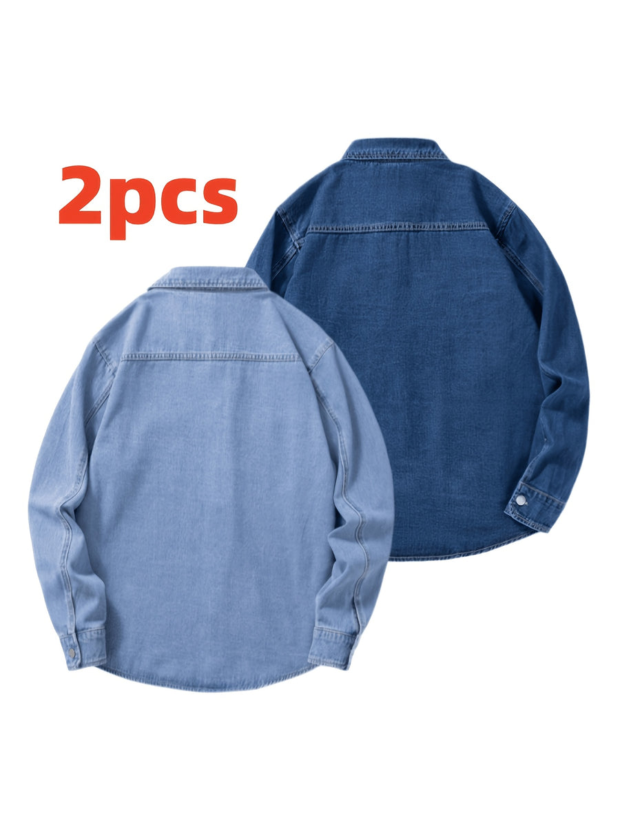 Men's Two-pc Non-Stretch Denim Shirts, Vintage Washed Workwear Long Sleeve Loose Fit Versatile Casual Jackets - Light Blue + Dark Blue