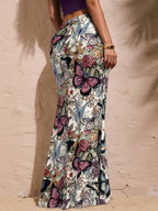 Latin American Style Butterfly Print Hip-Hugging High-Stretch Bodycon Mermaid Maxi Skirt, Hot Half Skirt, Long Length, Print Fabric, Soft, Skin-Friendly, and Breathable - Multicolor