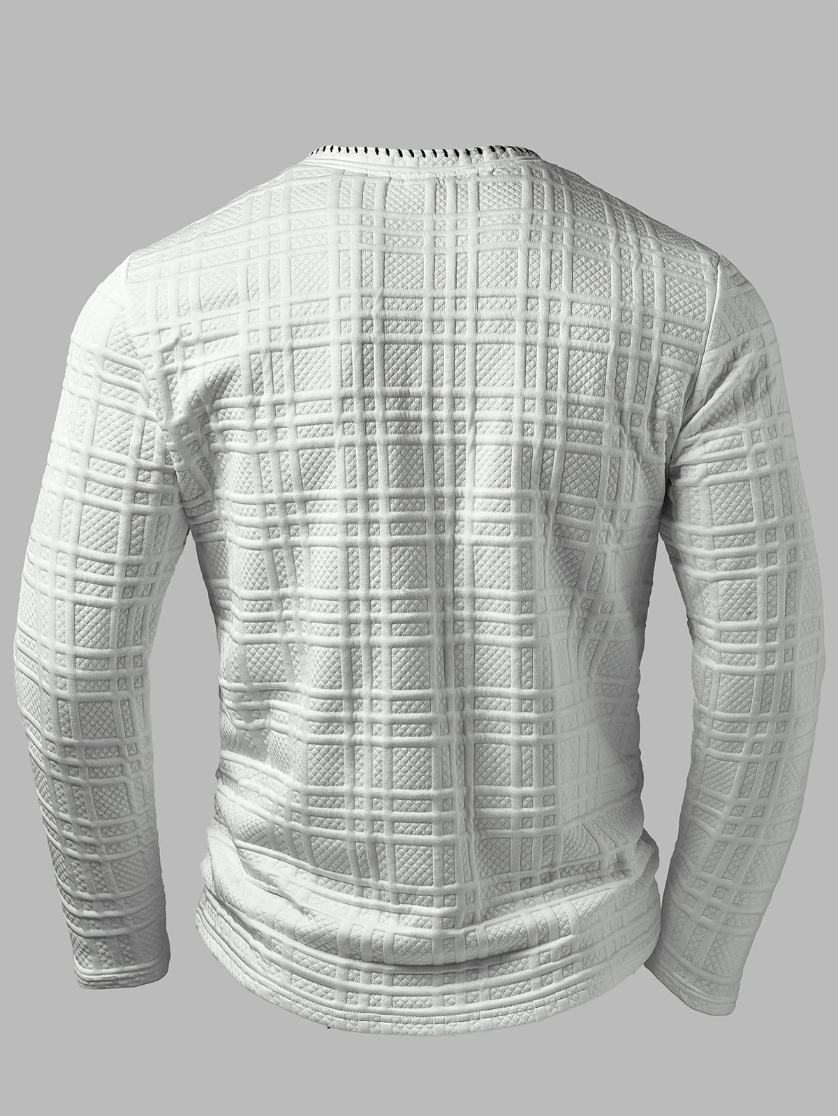 Men's Fashion Top, Autumn/Winter Outdoor Casual Jacquard Textured Fabric, Contrast Color Crew Neck Single-Breasted Long Sleeve Men's Henley Shirt - White