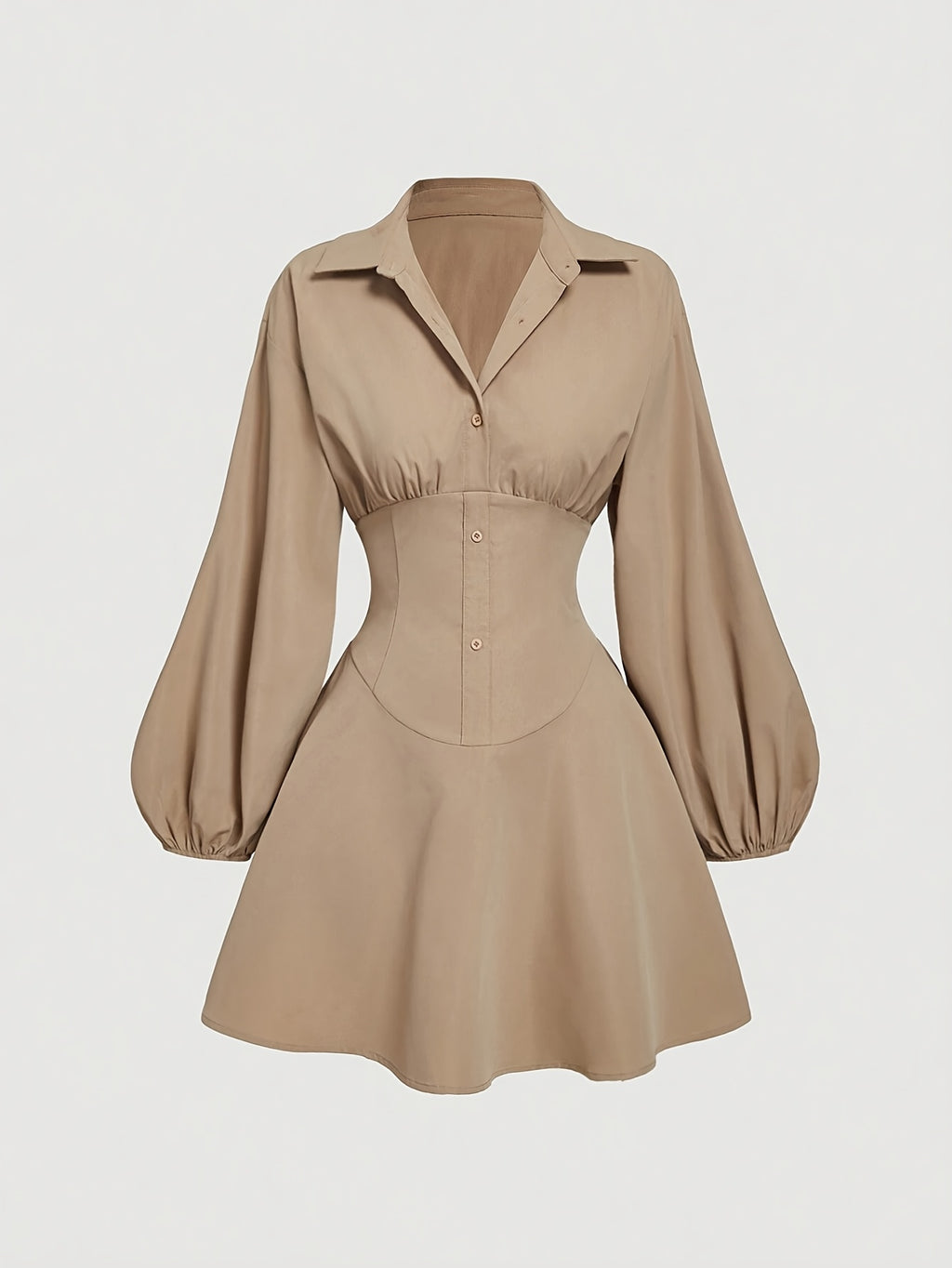 Elegant Long Sleeve Button-Up Dress with Chic Lapel Collar - Polyester, Machine Washable - Perfect for Spring/Fall, Floral, Lady's Dress - Khaki