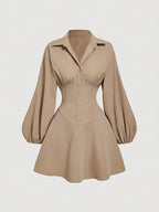 Elegant Long Sleeve Button-Up Dress with Chic Lapel Collar - Polyester, Machine Washable - Perfect for Spring/Fall, Floral, Lady's Dress - Khaki