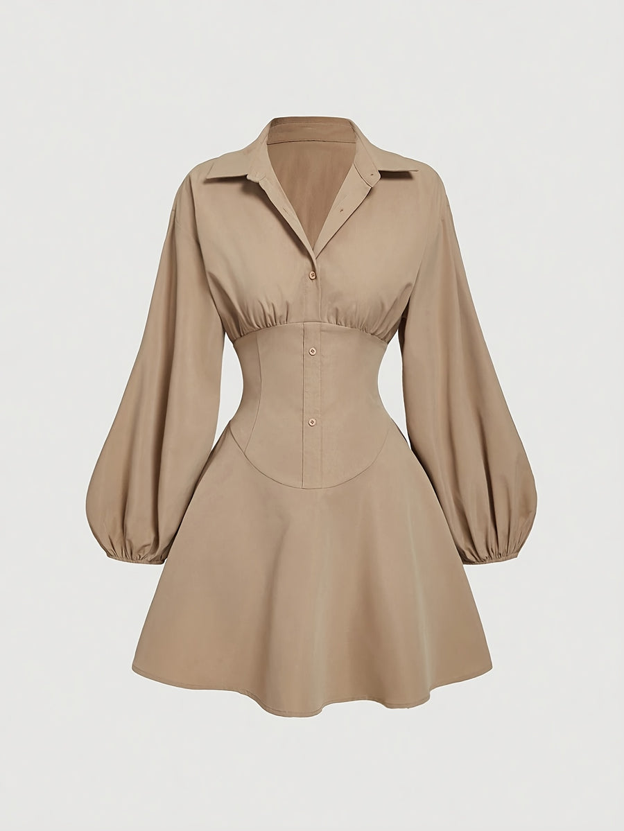 Elegant Long Sleeve Button-Up Dress with Chic Lapel Collar - Polyester, Machine Washable - Perfect for Spring/Fall, Floral, Lady's Dress - Khaki