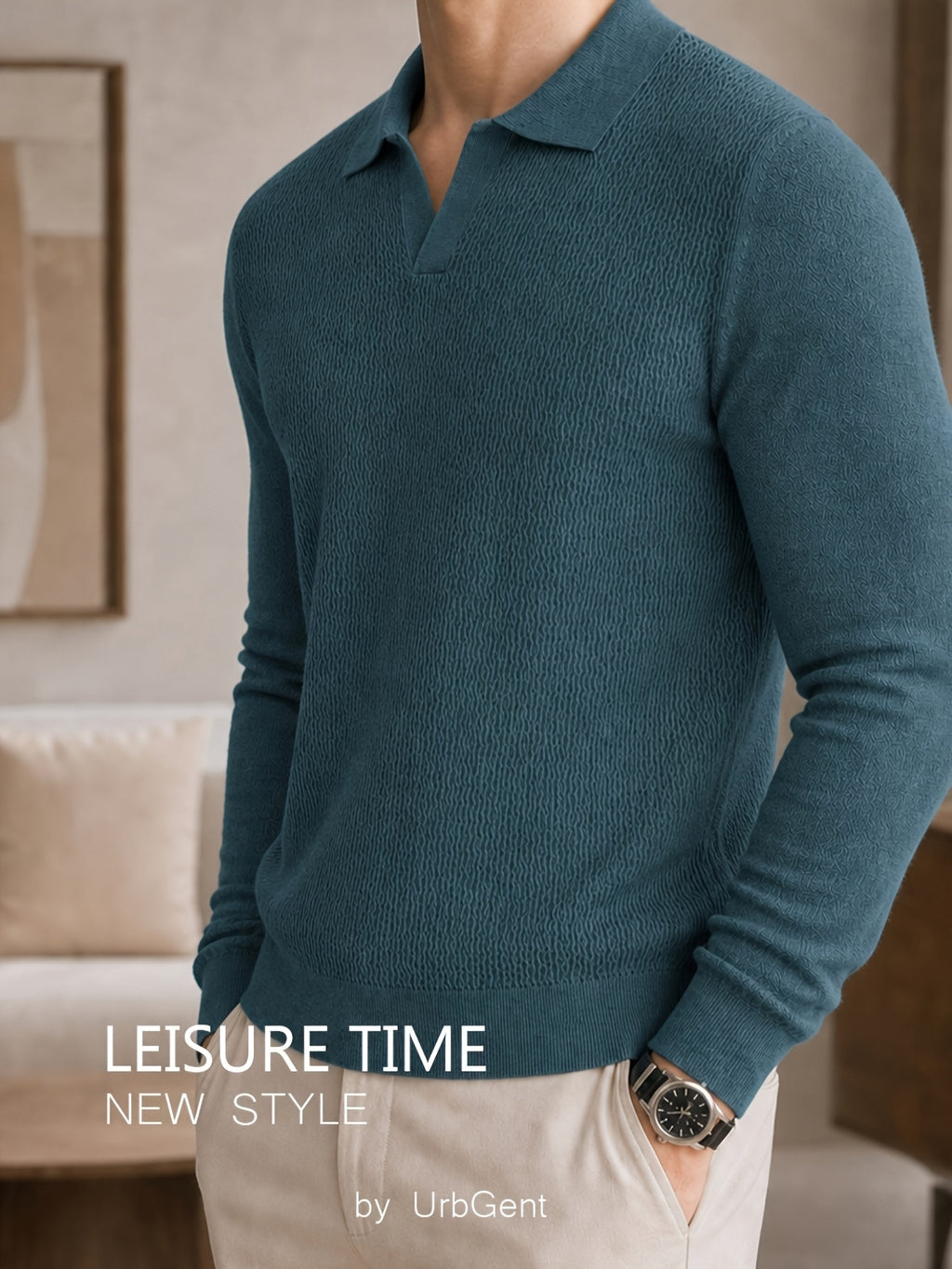 Men's Waffle Textured Long Sleeve Polo Sweater, V Notch Collar Soft Lightweight Knit Pullover, Slim Fit Business Casual Knitted Top for Office Daily Gentlemen Wear - Peacock Blue