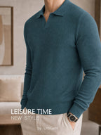 Men's Waffle Textured Long Sleeve Polo Sweater, V Notch Collar Soft Lightweight Knit Pullover, Slim Fit Business Casual Knitted Top for Office Daily Gentlemen Wear - Peacock Blue