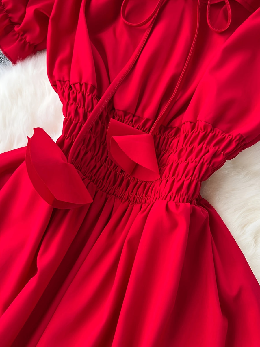 Spring/Summer French-Style Dress for Women, Solid Color, Elegant and Gentle Style, Off-Shoulder Neckline, Short Sleeves, Red Spliced Maxi Skirt, Puff Sleeves, Waist-Cinching Fairy Dress, Sweet Vacation Dress, Gavin - Red