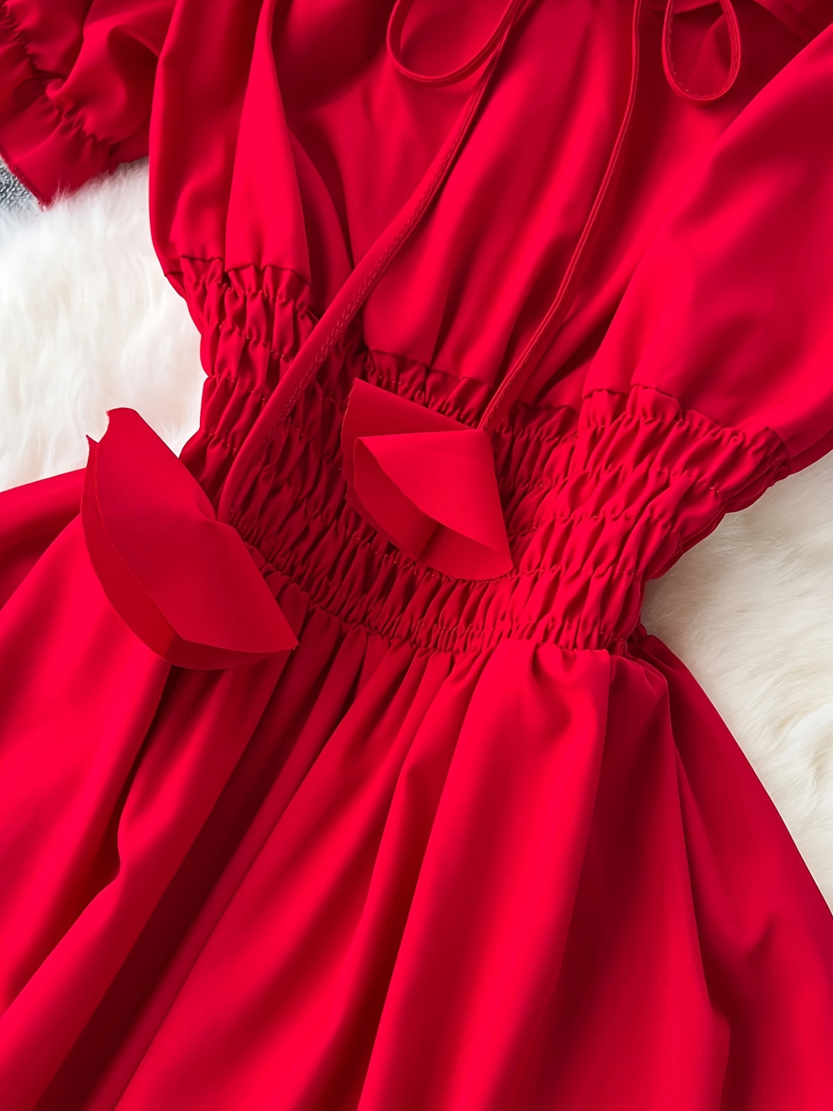 Spring/Summer French-Style Dress for Women, Solid Color, Elegant and Gentle Style, Off-Shoulder Neckline, Short Sleeves, Red Spliced Maxi Skirt, Puff Sleeves, Waist-Cinching Fairy Dress, Sweet Vacation Dress, Gavin - Red
