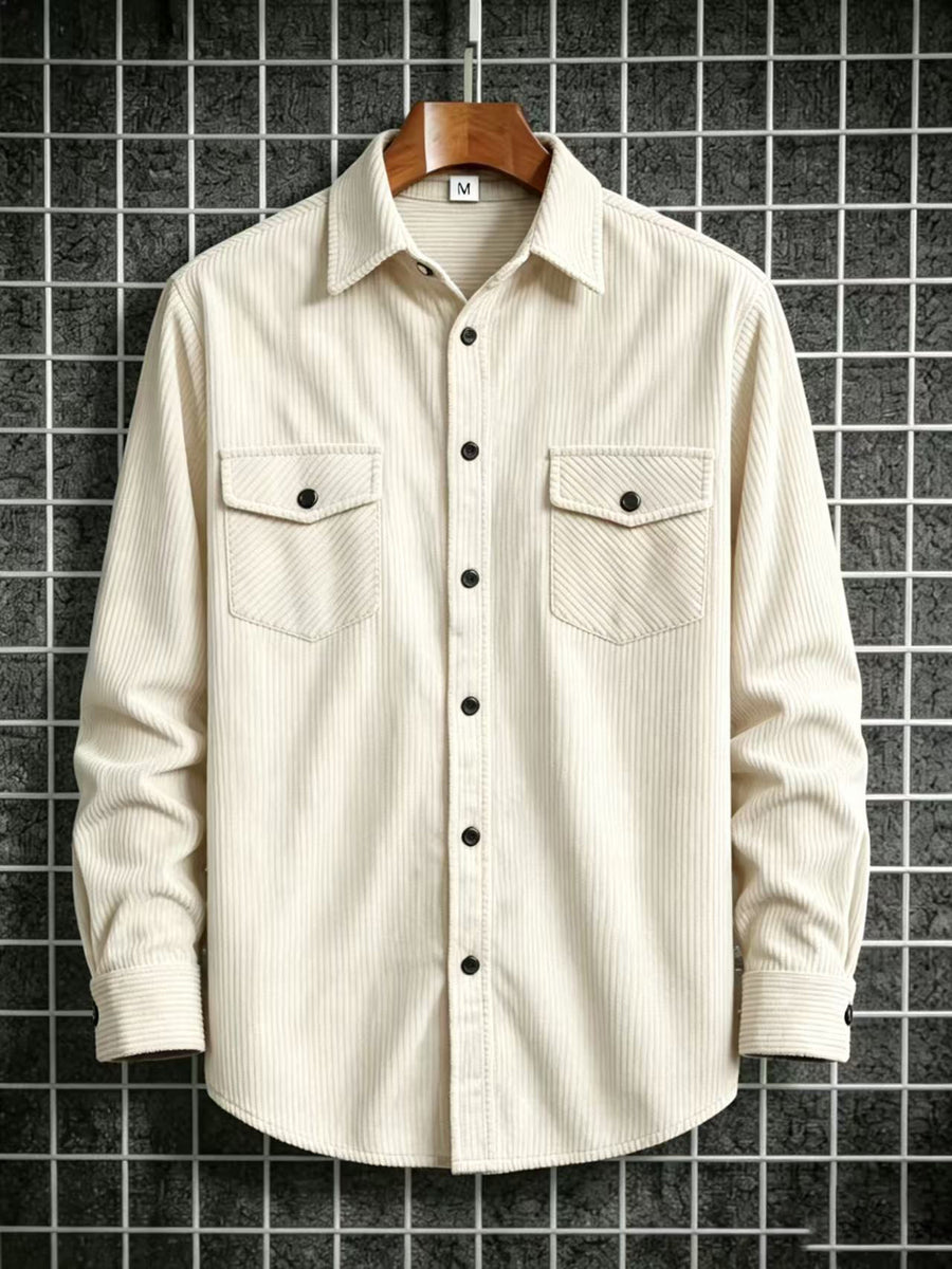 Men'S Fashion Versatile Casual Long-Sleeve Shirt, Multiple Colors Available, Pocket Design Corduroy Top Shirt Jacket - Off-white