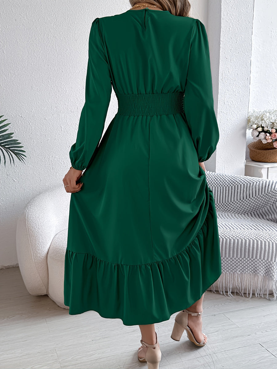 Autumn-Winter Elegant Solid Color Round Neck Long Sleeve Waist-Gathered Ruffle Hem Maxi Dress - Dark Green
