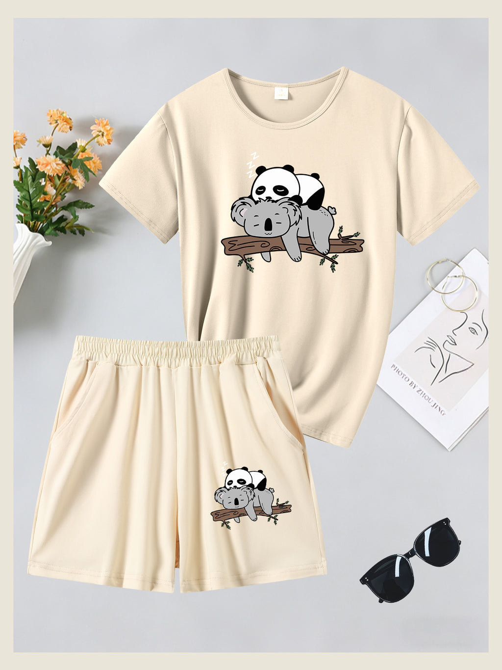 2pcs Women's Summer Short Sleeve Set—Panda Koala Cute Animal Print Short Sleeve Shorts Set, Comfortable, Soft, and Breathable for Sports and Daily Wear, Suitable for Back-to, Campus, Valentine's Day, Women's Pajamas, Jogging, Fitness, and as a Gift - Apricot + Apricot
