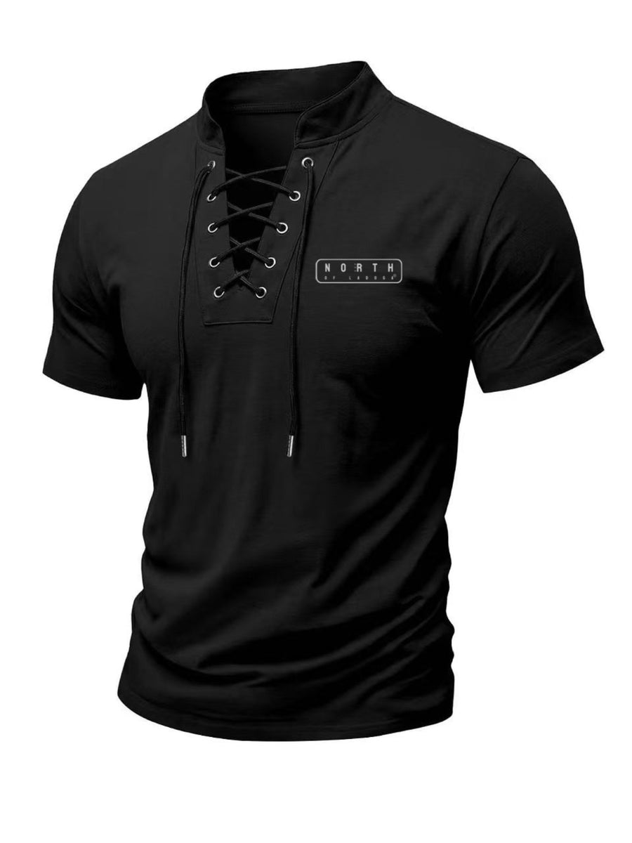 Men's Summer Tie-Strap Stand Collar Short-Sleeve T-Shirt, Featuring a Solid Color Design to Break the Monotony of Outfits. Made from Skin-friendly, Breathable, and Comfortable Fabric, with a Clean-cut Silhouette That Accentuates Your Figure - Black