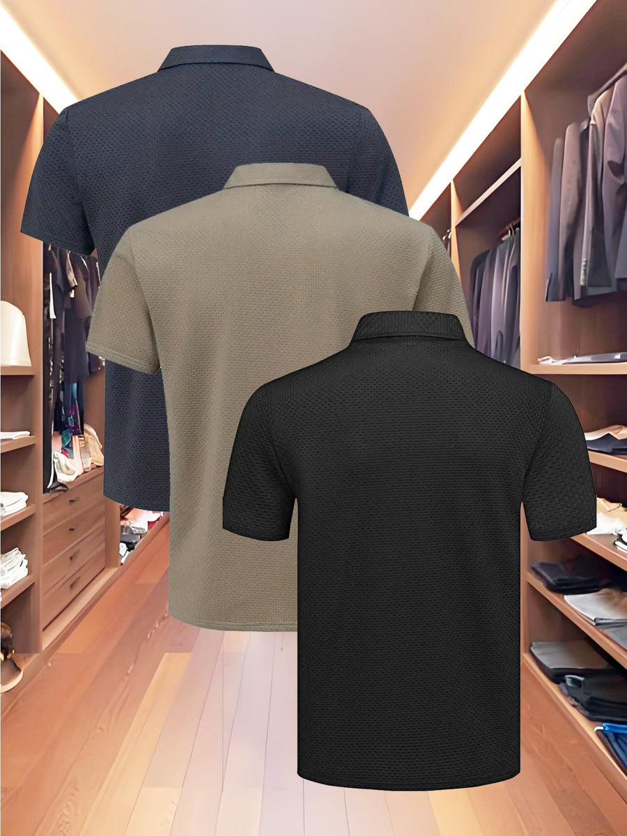 3pcs Value Pc, Summer Short-sleeve Polo Shirt! New Jacquard Fabric, Quick-drying, Lightweight and Breathable, Easy to Wash and Dry Quickly. Men's Color-blocked Cool and Comfortable Polo Shirt with Lapel, for Sports and Casual Wear. Men's Short-sleeve - Blue card black